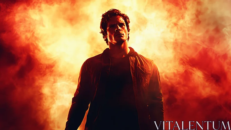 Man stands against intense orange firelit background.