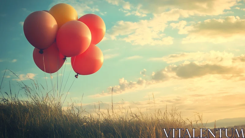 Red Balloons Float Above Golden Grassland At Sunset