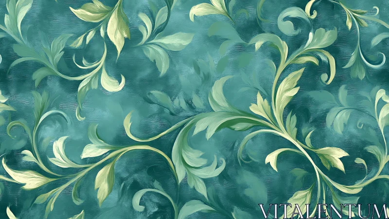 Elegant teal foliage swirls across a textured painterly background.