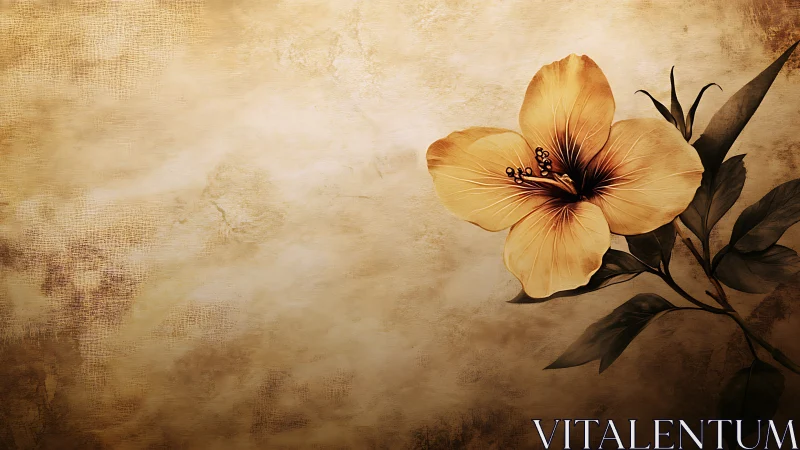 Golden Hibiscus Bloom Against Textured Sepia Canvas.