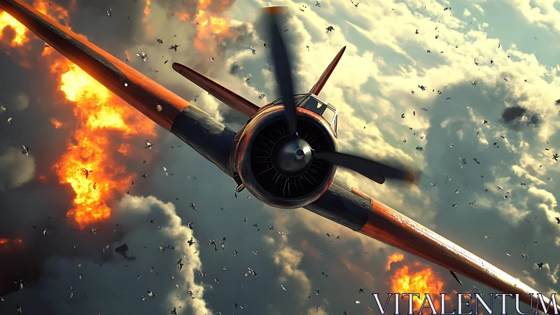 Single radial-engine fighter diving through explosive cloudscape