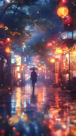 Rain-soaked lantern street with solitary umbrella silhouette.