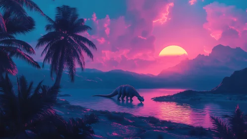 Neon-lit dinosaur lagoon under high-saturation magenta sunset sky