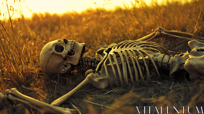 Ossified human skeleton under raking sunset field illumination.