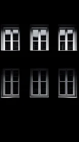 Six quiet windows glow softly against a deep black night
