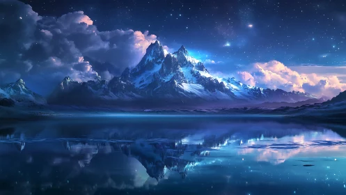Snowy mountain range mirrored in calm nocturnal lake.