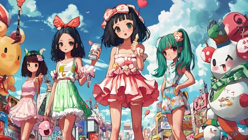 Anime girls in colorful street scene with character balloons.