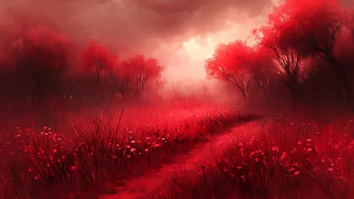 Crimson mist path winding through a dreamlit scarlet forest.