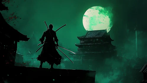 Lone samurai silhouette against green moonlit fortress.