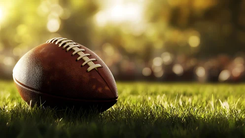 Photorealistic close-up of leather football on sunlit turf.