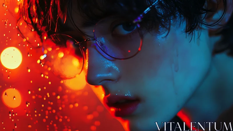 Neon lit portrait captures moody reflection in rainy glass