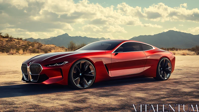 Photorealistic red concept coupé in sunlit desert setting.