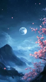 Moonlit petals drift above misty sapphire mountain hush.