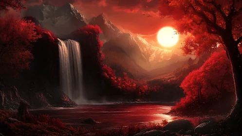 Crimson forest waterfall glows softly beneath a blazing sun