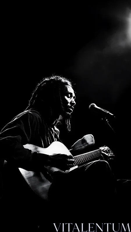 Midnight spotlight carves a lone guitarist from shadow