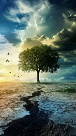 Lone green tree rises over cracked earth beneath storm skies