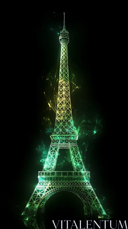 Neon emerald Eiffel Tower illuminated against black void.