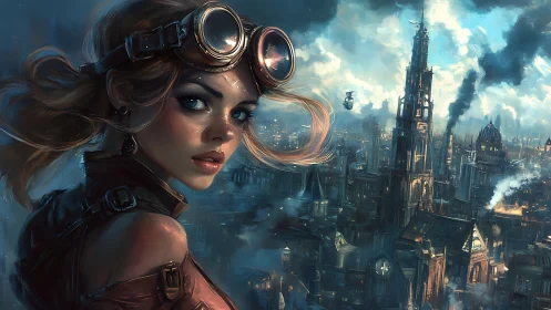 Steampunk aerial scout surveying industrial megacity skyline.