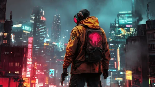 Lone cyberpunk vigilante surveys neon city in night rain