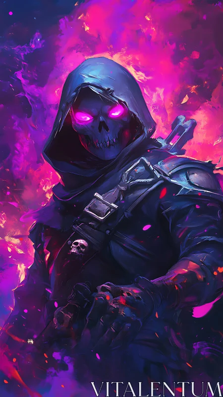 Hooded voidwalker grins through neon fire and liquid night