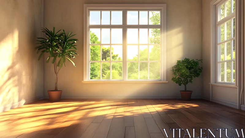 Sunlit minimalist room with potted plants and wood flooring.