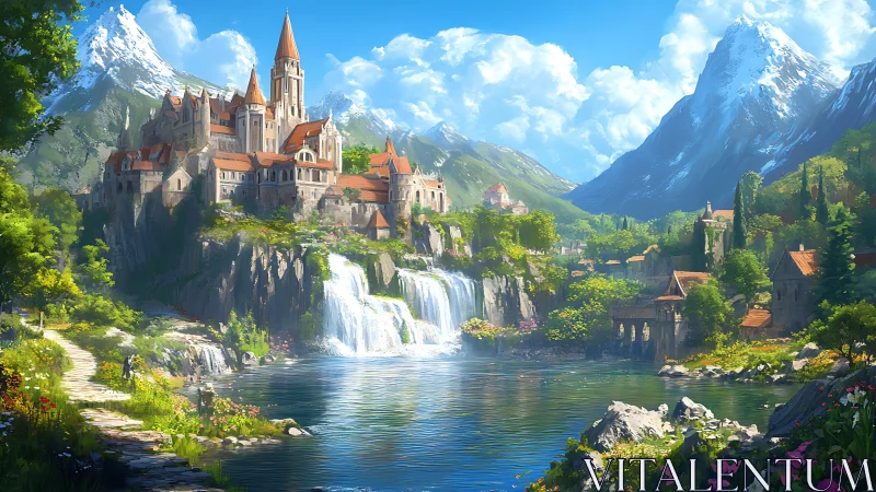 Mountain castle above waterfalls in lush river valley.