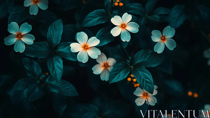 Luminous floral cluster with peach centers against deep teal foliage.