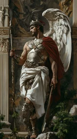 Winged armored figure in classical architectural setting.