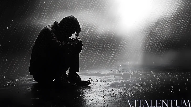 Silhouetted figure sits alone in heavy nighttime rain