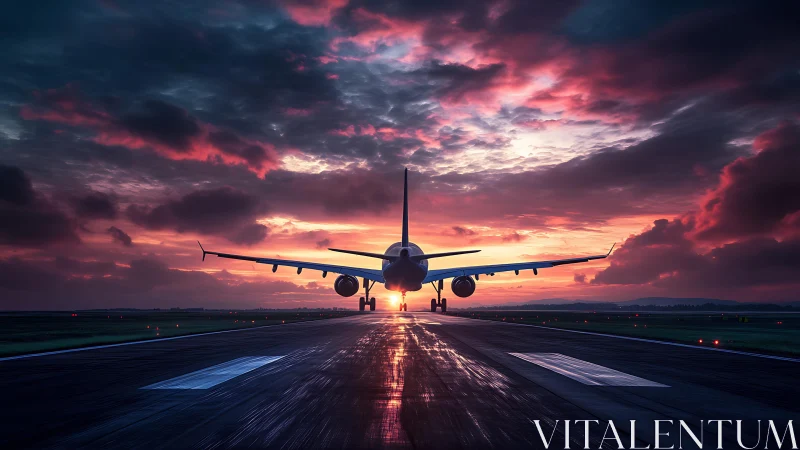 Wide-body jet departs wet runway under high-contrast sunset sky
