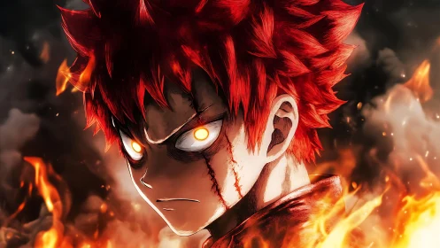Blazing red haired warrior locks eyes with burning resolve
