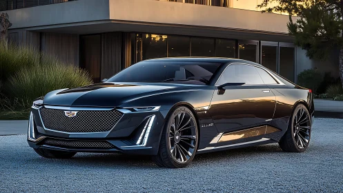 Low-slung black luxury coupe with LED lighting in modern driveway