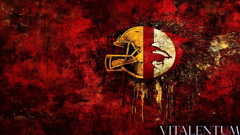 Explosive red football helmet bursts through gritty canvas.