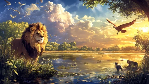 Majestic Lion by Golden Waterside at Sunset