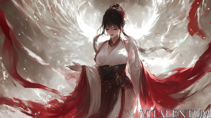 Digital painting of ethereal robed woman in swirling light field.