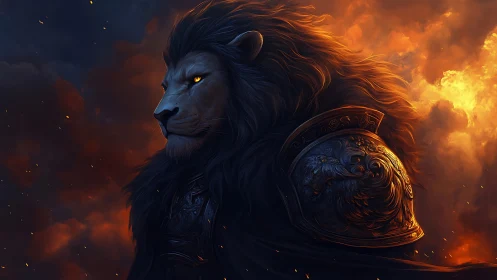 Lion warrior profile against burning storm sky.