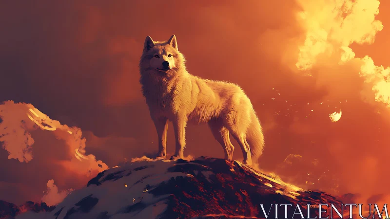 Lone wolf surveys a blazing sunset sky from rugged peak.