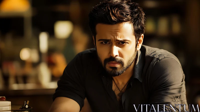 Shallow-depth male portrait uses warm bokeh and soft key lighting