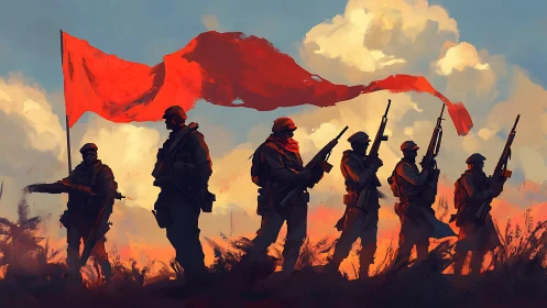 Scarlet standard over marching silhouettes at burning dusk.