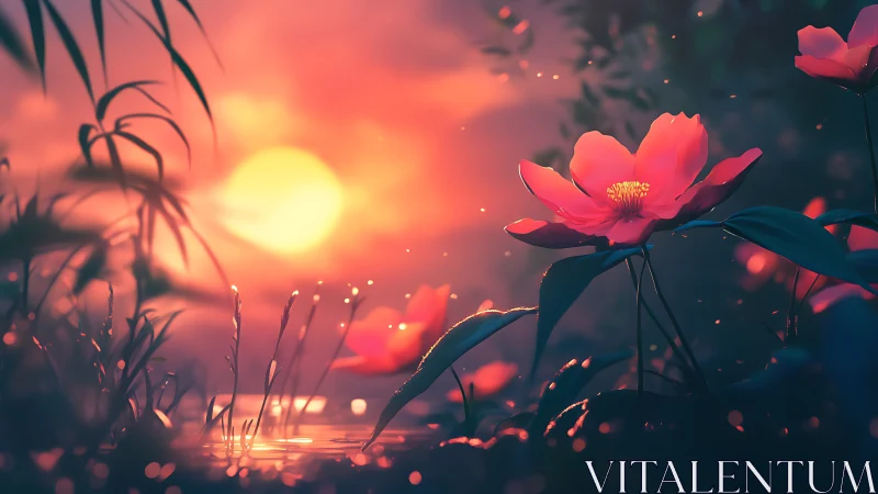 Sunlit coral blossoms beside tranquil reflective water at dusk.