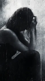 Silhouetted sorrow bends in rain streaks and fractured light.