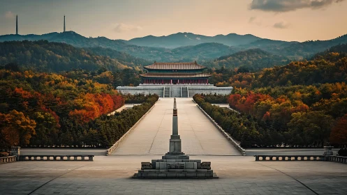 Central monument and pavilion within forested mountain complex.