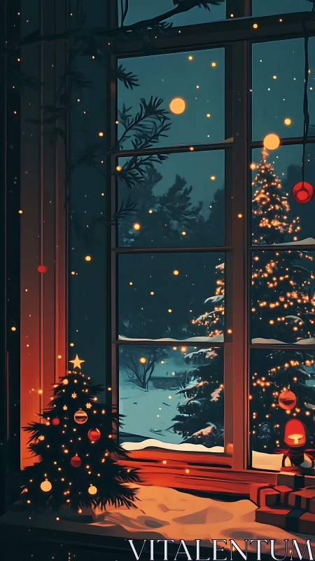 Gentle snowy Christmas evening glows beyond a quiet window