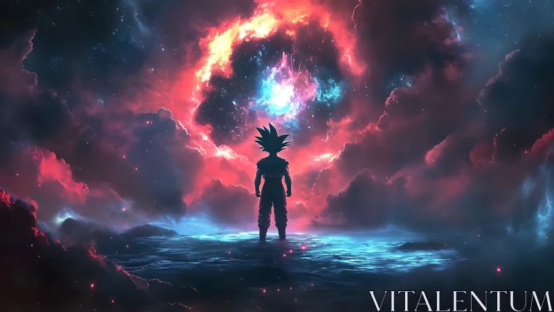 Cosmic warrior silhouette in nebular aperture composition.