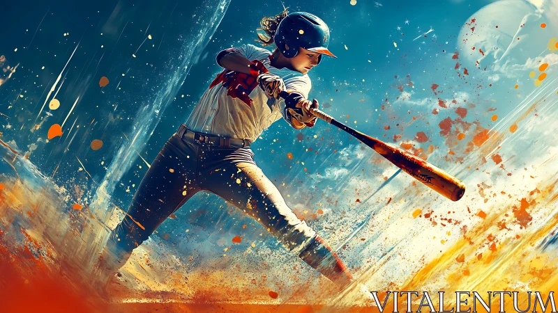 Dynamic digital illustration of baseball batter mid swing.