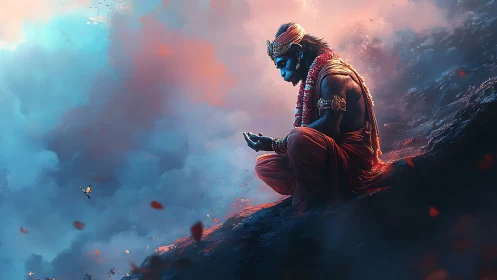 Gentle blue-skinned sage in quiet prayer amid glowing clouds.