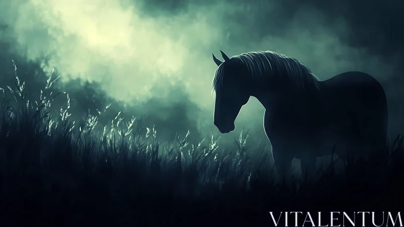 Lone horse stands in moonlit mist, wrapped in quiet mystery