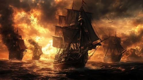 Warships under burning sky on rough evening sea.