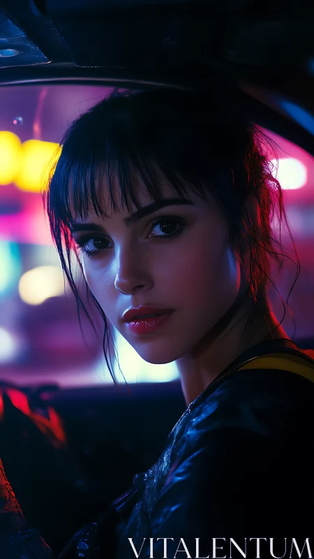 Portrait shows woman in car interior under neon light