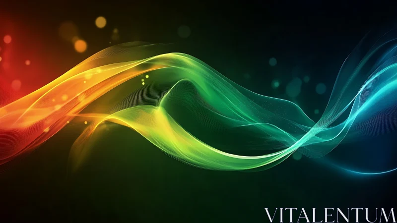 Multicolor light wave bands on dark gradient background.